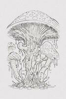 A hand-drawn sketch of a mushroom outline illustration on white texture background photo