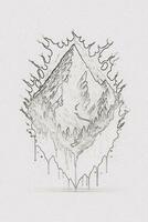 Hand-drawn outline sketch of mountain illustration with texture for t-shirt and book cover design photo