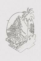 Hand-drawn outline sketch of sunset, mountain, and palm tree illustration for t-shirt design photo