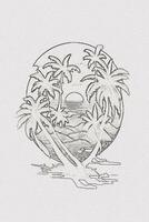 Hand-drawn outline sketch of sunset, mountain, and palm tree illustration for t-shirt design photo