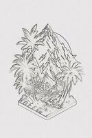 Hand-drawn outline sketch of sunset, mountain, and palm tree illustration for t-shirt design photo