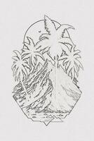 Hand-drawn outline sketch of sunset, mountain, and palm tree illustration for t-shirt design photo