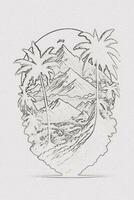 Hand-drawn outline sketch of sunset, mountain, and palm tree illustration for t-shirt design photo