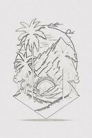 Hand-drawn outline sketch of sunset, mountain, and palm tree illustration for t-shirt design photo