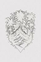 Hand-drawn outline sketch of sunset, mountain, and palm tree illustration for t-shirt design photo