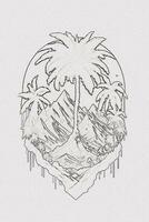 Hand-drawn outline sketch of sunset, mountain, and palm tree illustration for t-shirt design photo