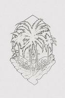 dibujado a mano contorno bosquejo de atardecer, montaña, y palma árbol ilustración para camiseta diseño foto