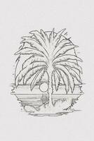 Hand-drawn outline sketch of sunset, mountain, and palm tree illustration for t-shirt design photo