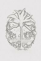 dibujado a mano contorno bosquejo de atardecer, montaña, y palma árbol ilustración para camiseta diseño foto