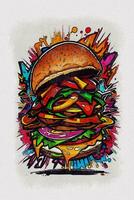 Watercolor texture painting a big hamburger illustration photo