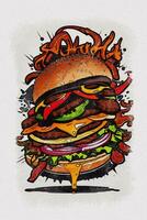 Watercolor texture painting a big hamburger illustration photo