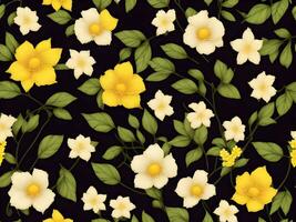 Seamless pattern with yellow color flowers on a black background photo