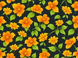 Seamless pattern with yellow and orange gradient color flowers on a black background photo