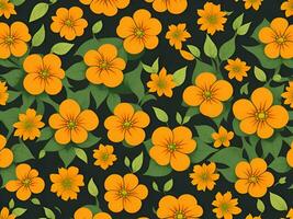 Seamless pattern with yellow and orange gradient color flowers on a black background photo