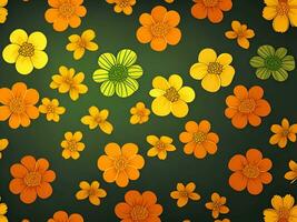 Seamless pattern with yellow and orange gradient color flowers on a black background photo