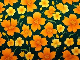 Seamless pattern with yellow and orange gradient color flowers on a black background photo