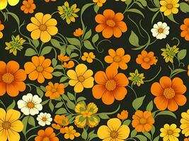 Seamless pattern with yellow and orange gradient color flowers on a black background photo