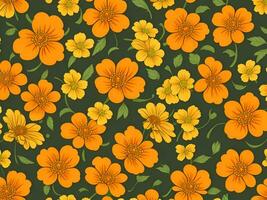 Seamless pattern with yellow and orange gradient color flowers on a black background photo