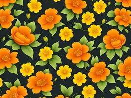 Seamless pattern with yellow and orange gradient color flowers on a black background photo