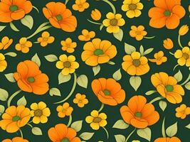 Seamless pattern with yellow and orange gradient color flowers on a black background photo