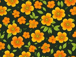 Seamless pattern with yellow and orange gradient color flowers on a black background photo