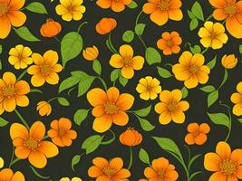 Seamless pattern with yellow and orange gradient color flowers on a black background photo