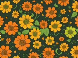 Seamless pattern with yellow and orange gradient color flowers on a black background photo