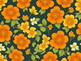 Seamless pattern with yellow and orange gradient color flowers on a black background photo