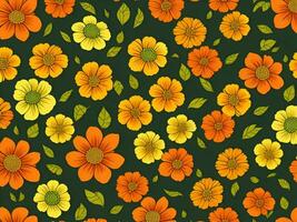 Seamless pattern with yellow and orange gradient color flowers on a black background photo