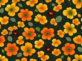 Seamless pattern with yellow and orange gradient color flowers on a black background photo