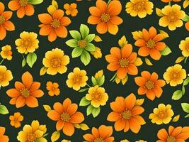 Seamless pattern with yellow and orange gradient color flowers on a black background photo