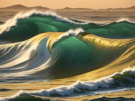 Water waves in the sea with golden color photo