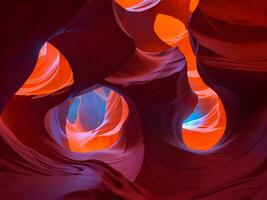 Antelope canyon with vibrant red and blue color nebula swirls photo