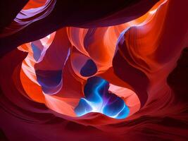 Antelope canyon with vibrant red and blue color nebula swirls photo