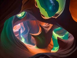 Antelope canyon with vibrant green and orange color nebula swirls photo