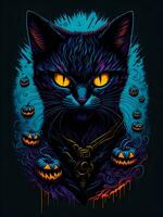 neon black cat on black background for Halloween illustration photo