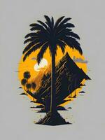 sunset with mountain and palm trees creative illustration photo