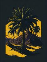 sunset with mountain and palm trees creative illustration photo