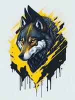 Wolf with mountain and colorful snow illustration on black background for t-shirt design photo