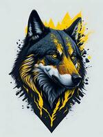 Wolf with mountain and colorful snow illustration on black background for t-shirt design photo