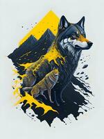 lobo con montaña y vistoso nieve ilustración en negro antecedentes para camiseta diseño foto