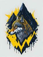 Wolf with mountain and colorful snow illustration on black background for t-shirt design photo