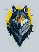 Wolf with mountain and colorful snow illustration on black background for t-shirt design photo