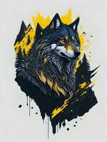 Wolf with mountain and colorful snow illustration on black background for t-shirt design photo