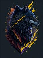 Wolf with mountain and colorful snow illustration on black background for t-shirt design photo