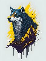 Wolf with mountain and colorful snow illustration on black background for t-shirt design photo