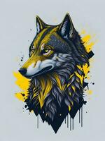 Wolf with mountain and colorful snow illustration on black background for t-shirt design photo