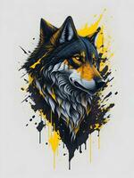 Wolf with mountain and colorful snow illustration on black background for t-shirt design photo