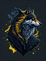 Wolf with mountain and colorful snow illustration on black background for t-shirt design photo