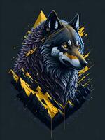 Wolf with mountain and colorful snow illustration on black background for t-shirt design photo